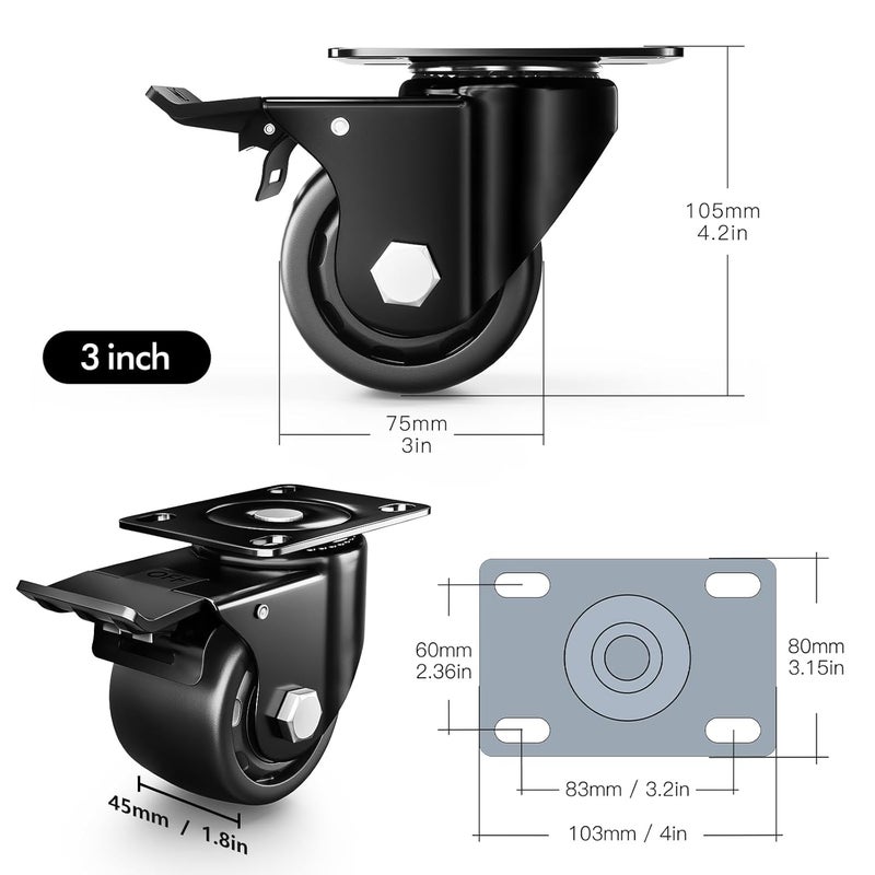 ANDUTEES 3 Inch Heavy Duty Casters Set of 4, Load 4400lbs, Locking Swivel Plate Industrial Casters with Double Ball Bearings, Low Gravity Center Castor Wheels for Furniture, Workbench, Equipment - Image 2